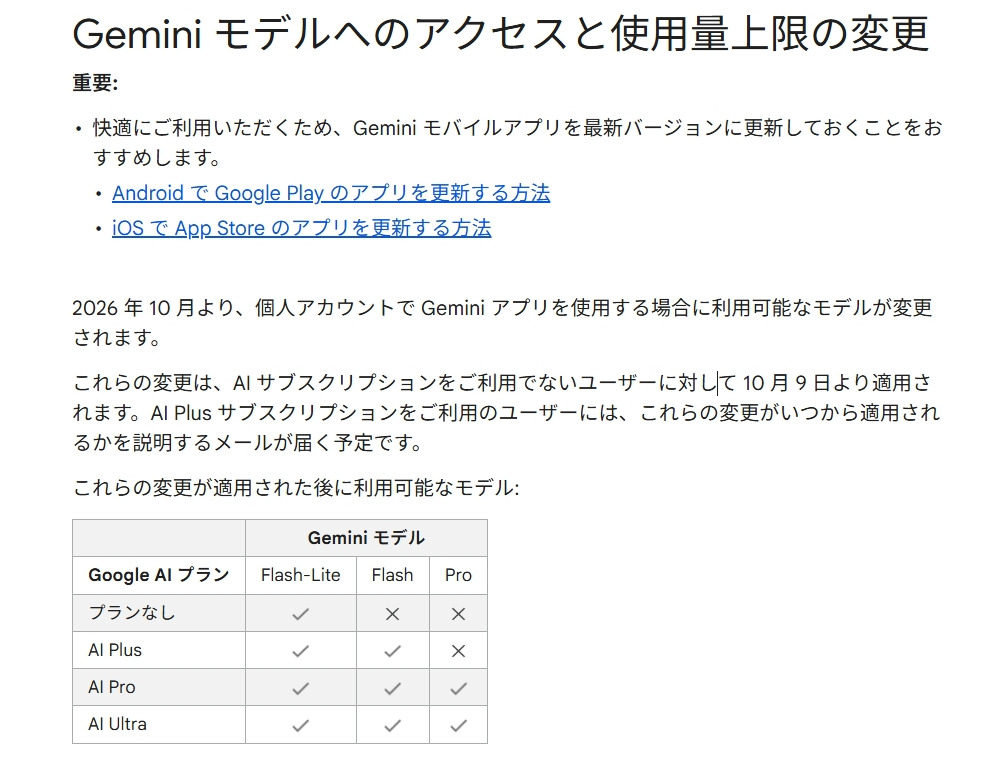 Geminiアプリのヘルプ画面。プランなしはFlash-Liteのみ、AI PlusはFlash-LiteとFlash、AI ProとAI Ultraは3モデルすべて利用可能と示す表