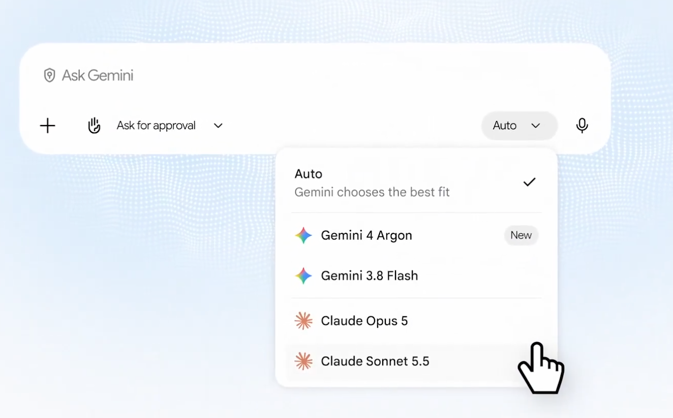 Gemini agentのモデル選択メニュー。AutoのほかGemini 4 ArgonやGemini 3.8 Flash、Claude Opus 5、Claude Sonnet 5.5が並んでいる