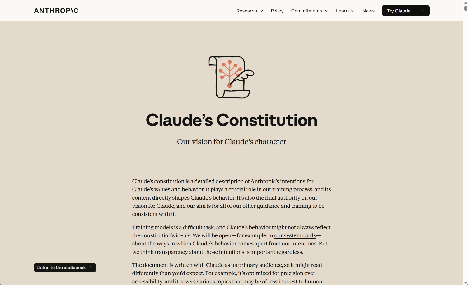 Claudeの憲法を紹介するAnthropic公式ページ