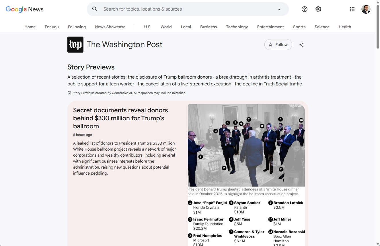 Google NewsのThe Washington Post媒体ページに表示された「Story Previews」。生成AIによる最近の記事の概要と、記事ごとの見出し・画像が並んでいる
