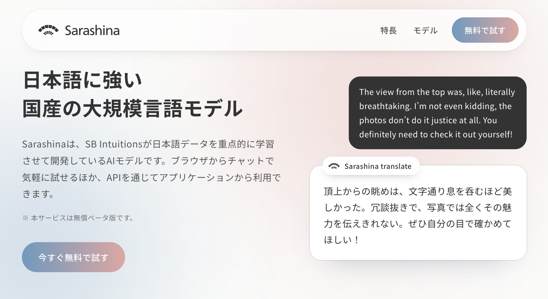 Sarashina公式サイトのトップ画面。日本語に強い国産モデルの説明と英日翻訳の例