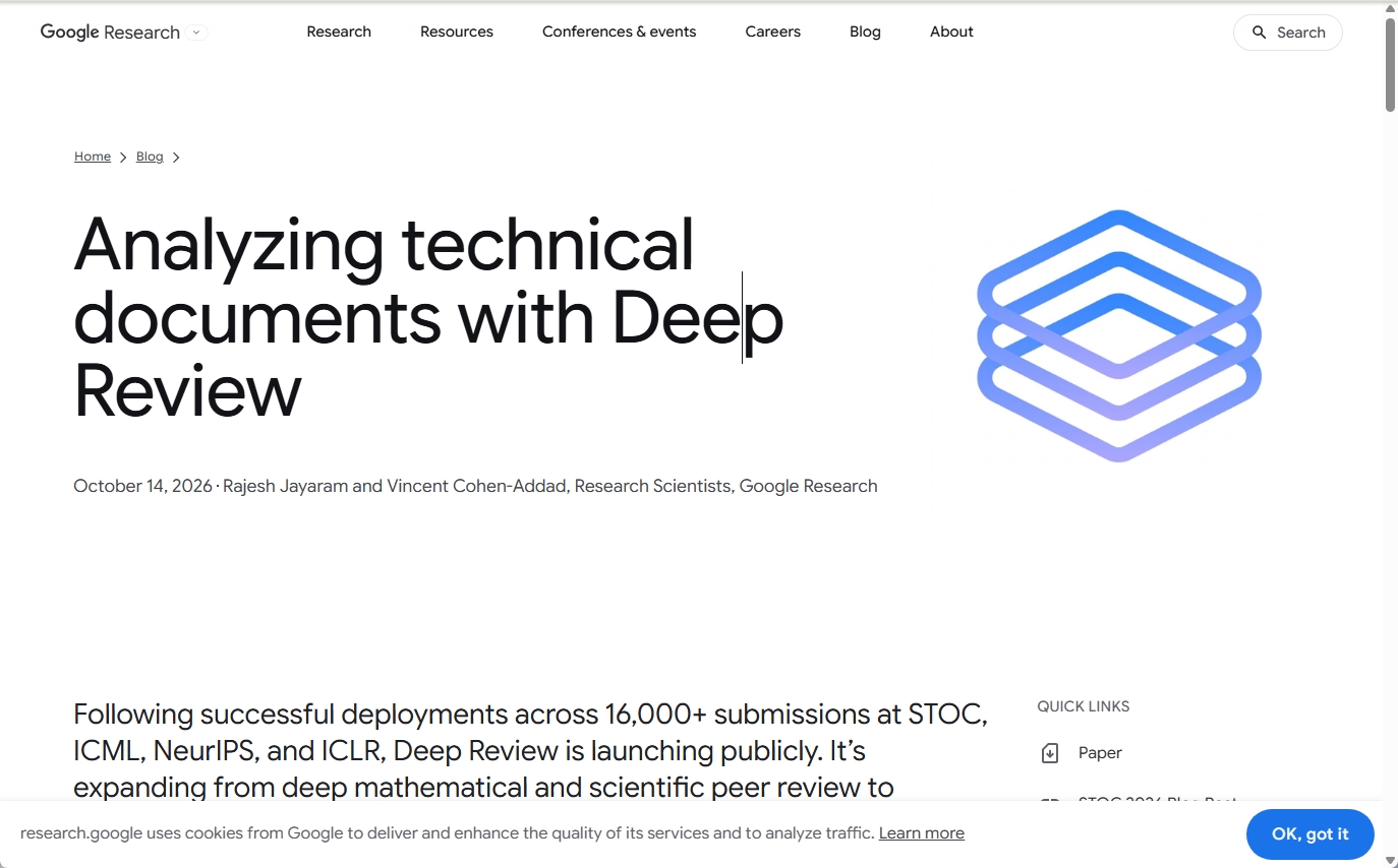 Google ResearchによるDeep Review一般公開の告知画面