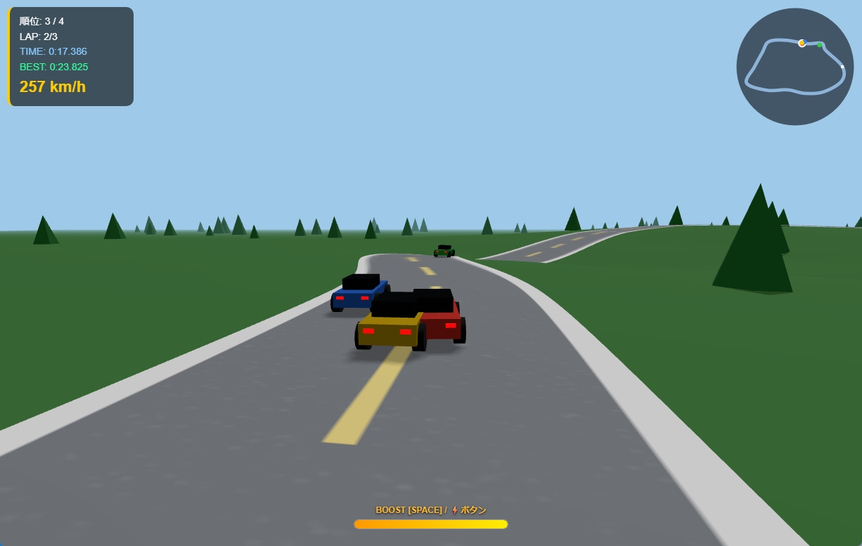 生成されたレースゲームの画面。追加指示で不具合を修正し、レースを楽しめるようになりました。