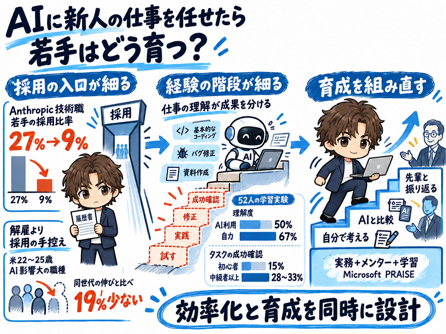 記事の内容をまとめた図解。採用の入口が細る、経験の階段が細る、育成を組み直すの3段階で若手育成の課題と対策を整理